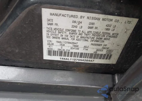 2005 Nissan Altima 2.5 S z USA, uszkodzony, nr VIN 1N4AL11D75N426447